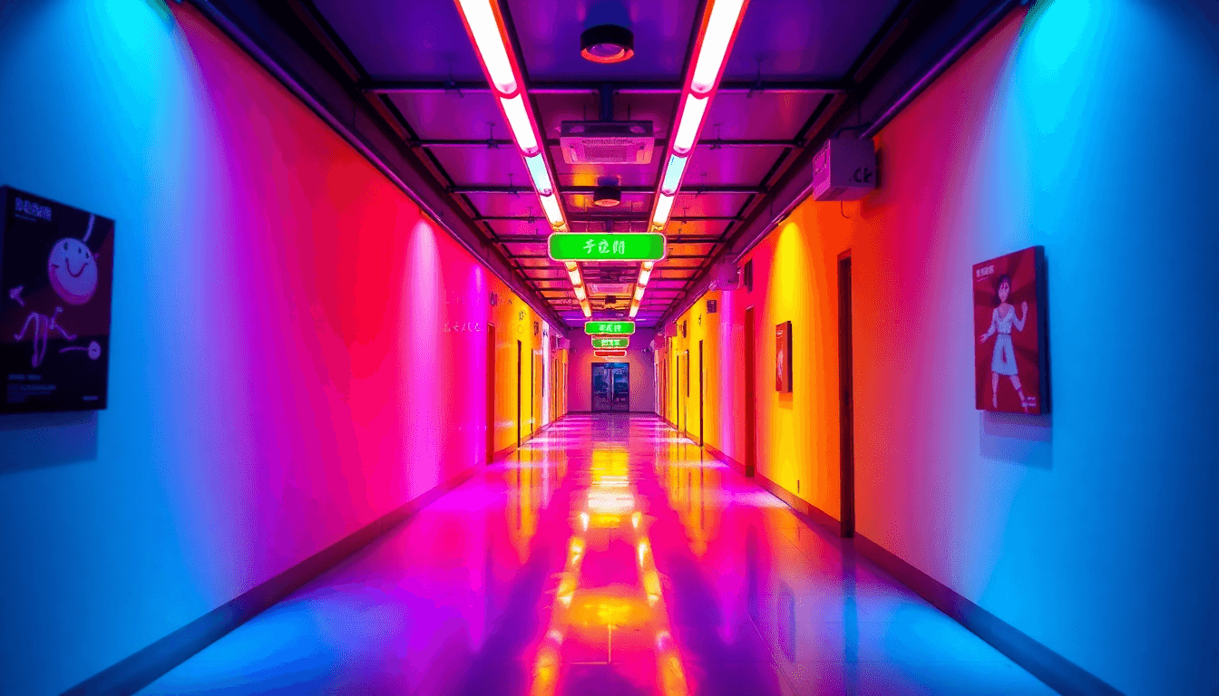 Vibrant colors, a long hallway with lights and neon signs, digital art.