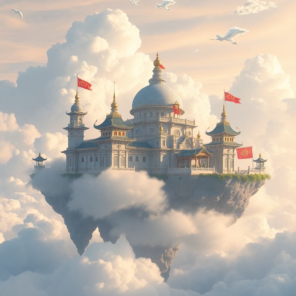 Cloud kingdom with floating pearl palaces