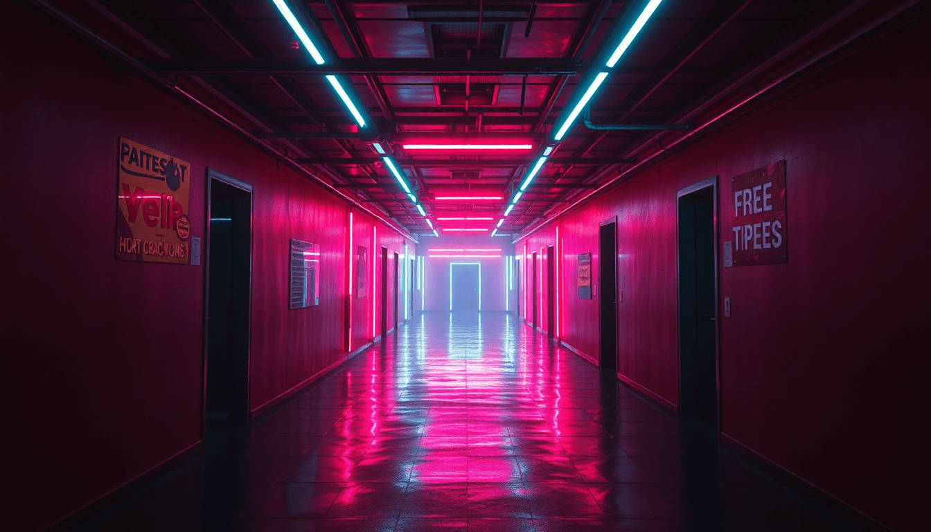 Neon lights, liminal spaces, atmospheric, digital art, colorful hallways.