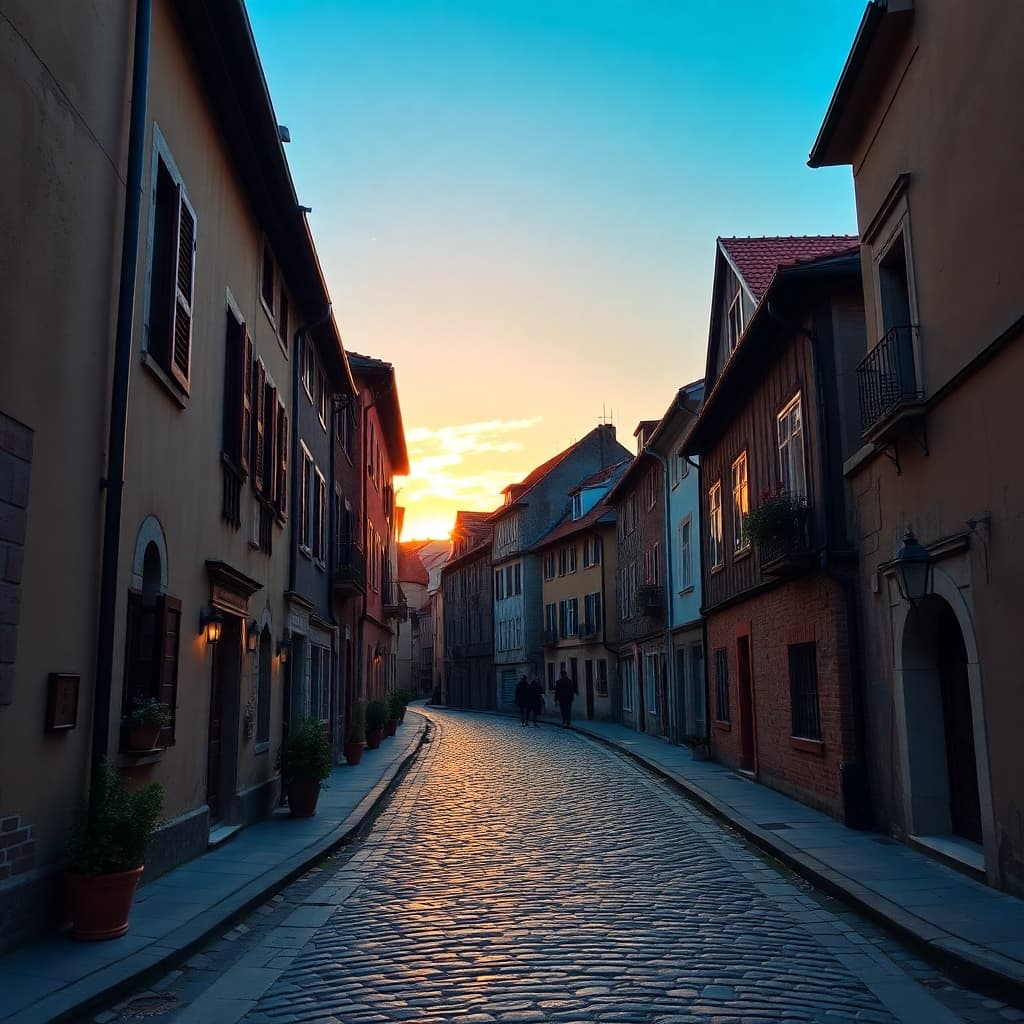 Ancient European town with cobblestone streets at sunrise