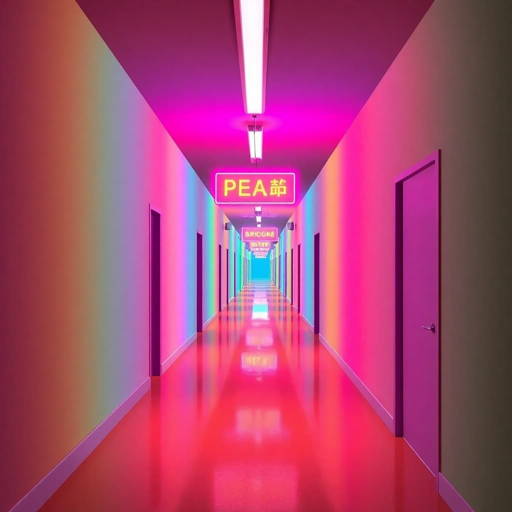 Vibrant colors, a long hallway with lights and neon signs, digital art.