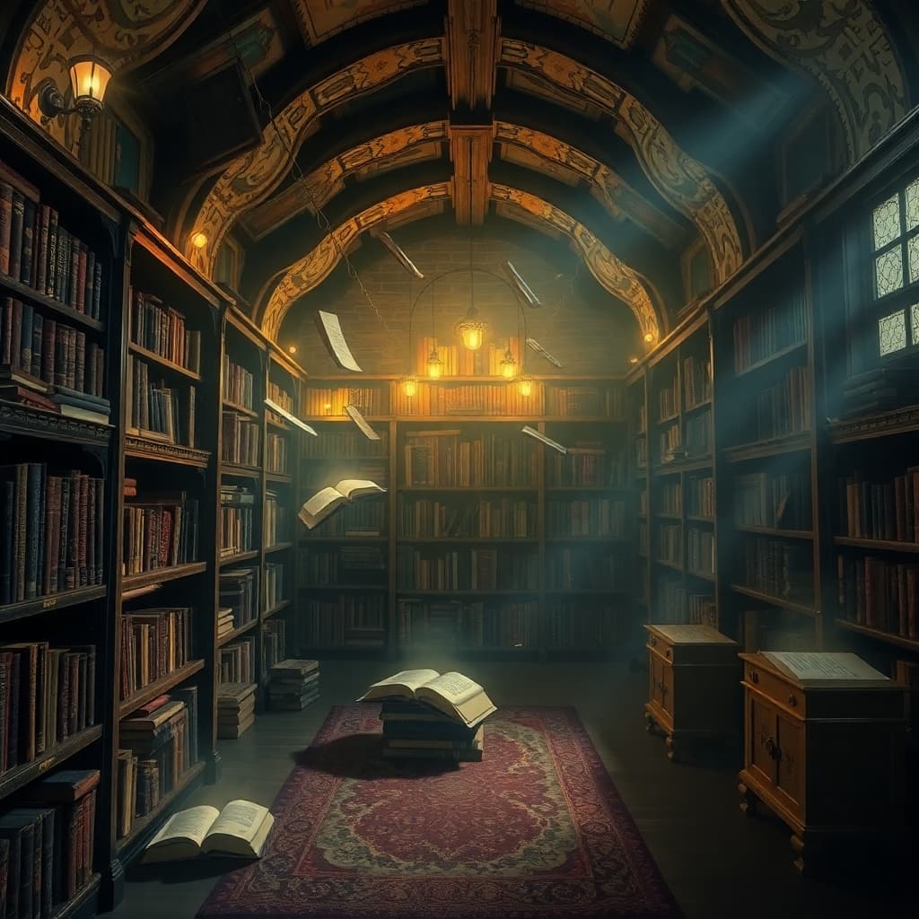 Secret library with floating books and magical lights