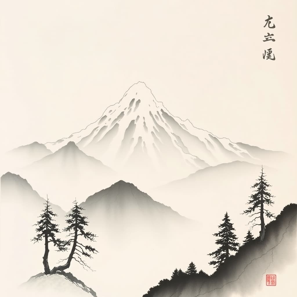 Japanese ink painting style mountain landscape